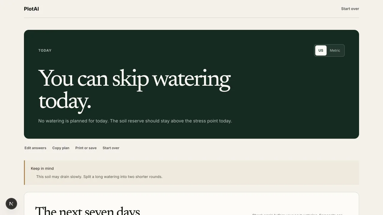 Completed PlotAI seven-day watering plan