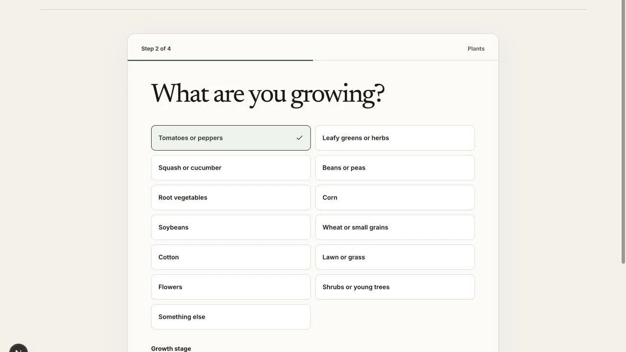 PlotAI plant and growth-stage selection screen
