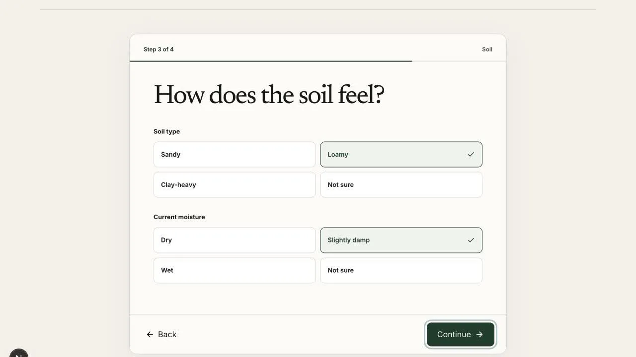 PlotAI soil and moisture selection screen